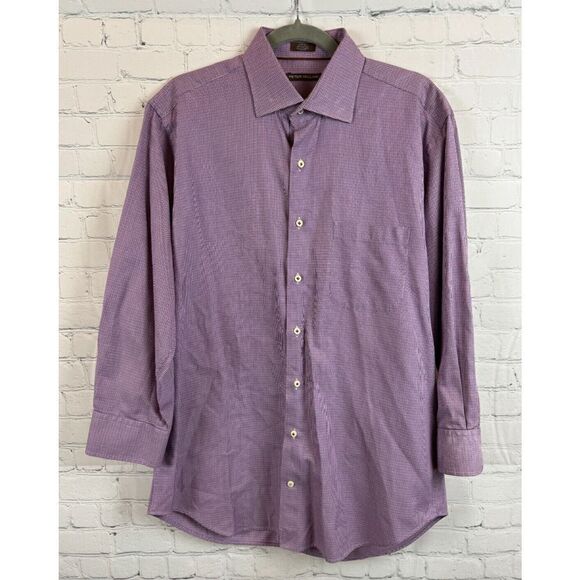 PETER MILLAR 100% cotton houndstooth check purple button down dress mens shirt L - Picture 1 of 8